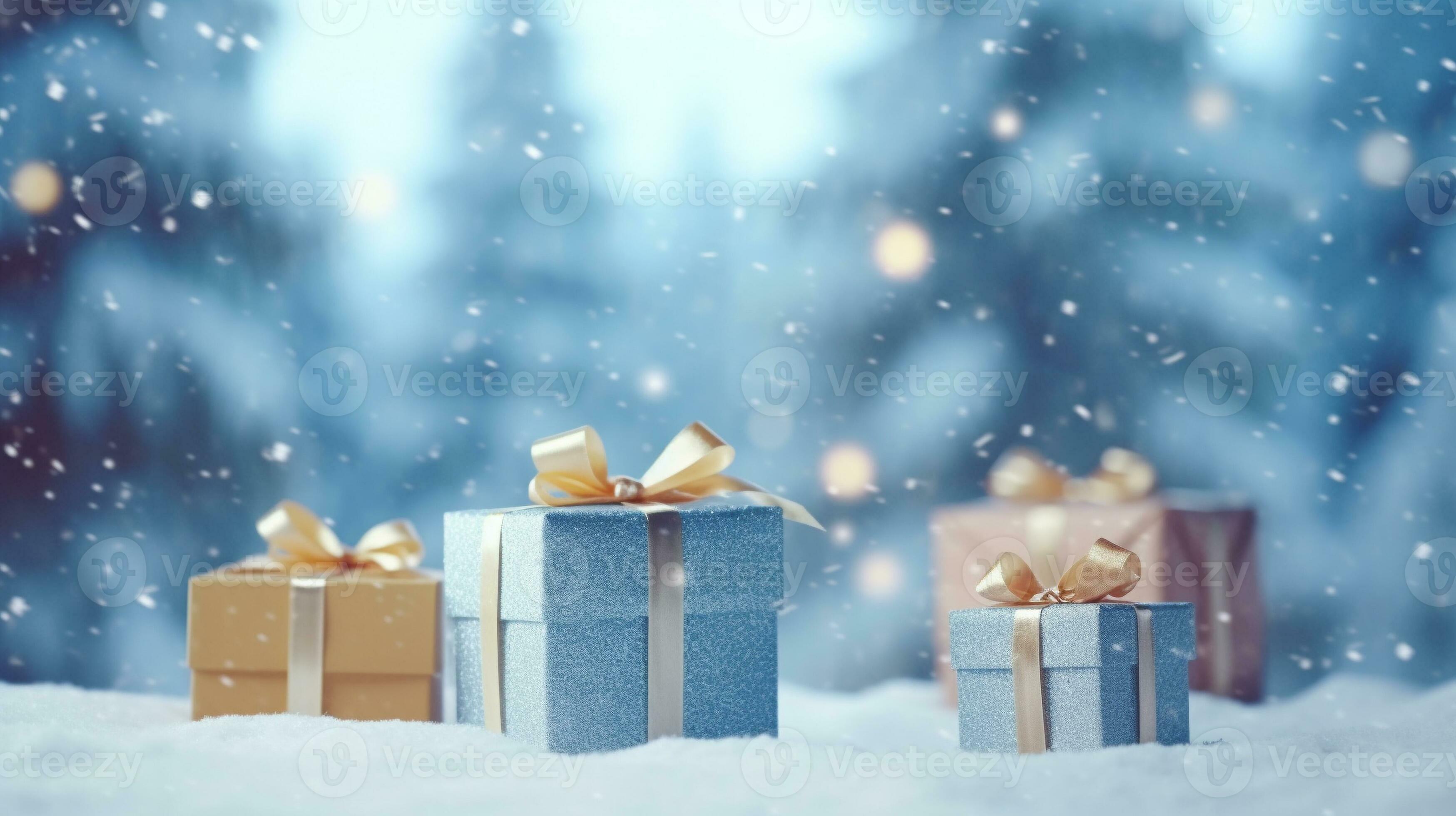 Geschenk Box auf Tabelle mit verwischen Winter Kiefer Wald Hintergrund zum  Besondere Weihnachten und Neu Jahr Urlaub. generativ ai 27824732  Stock-Photo bei Vecteezy