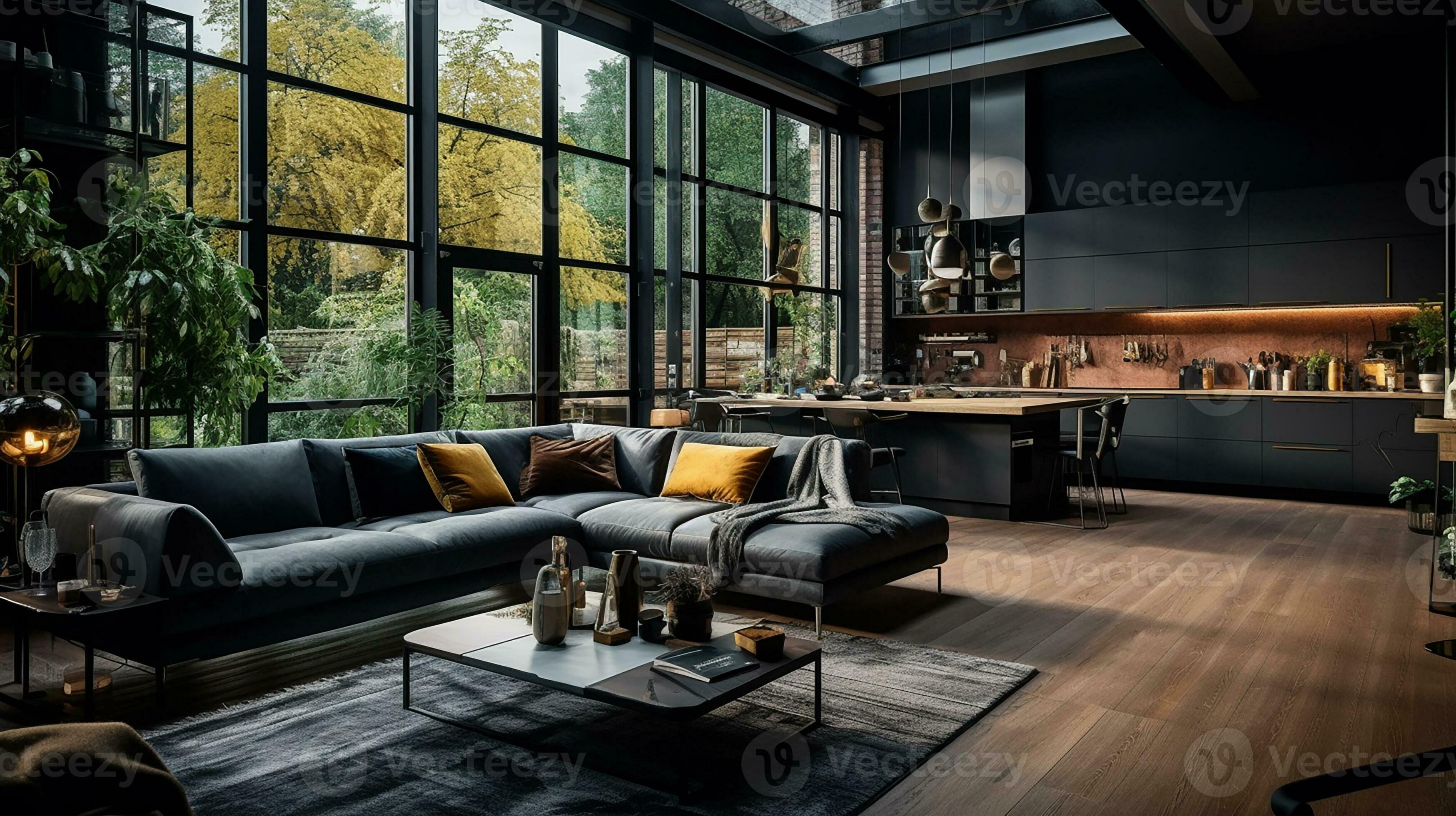 modern Innere Design, Küche und hell, geräumig Zimmer mit ein komfortabel  Sofa, Pflanzen und elegant Zubehör, schwarz Wände, Parkett Boden. generativ  ai 28297710 Stock-Photo bei Vecteezy