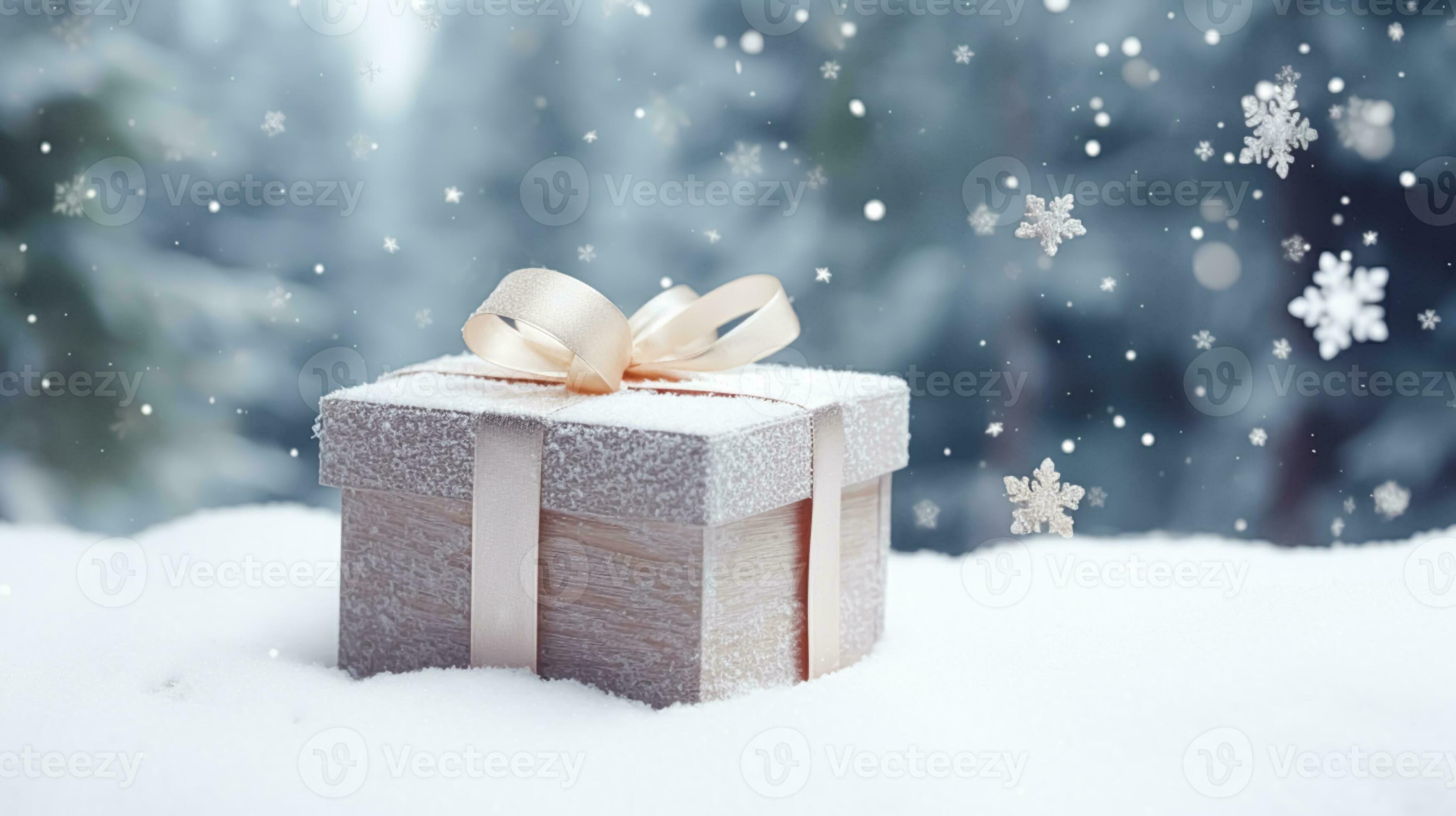 Weihnachten Urlaub Geschenk und gegenwärtig, Geschenk Box im das Schnee im  Schneefall Winter Landschaft Natur zum Boxen Tag, Ferien Einkaufen Verkauf  29197376 Stock-Photo bei Vecteezy