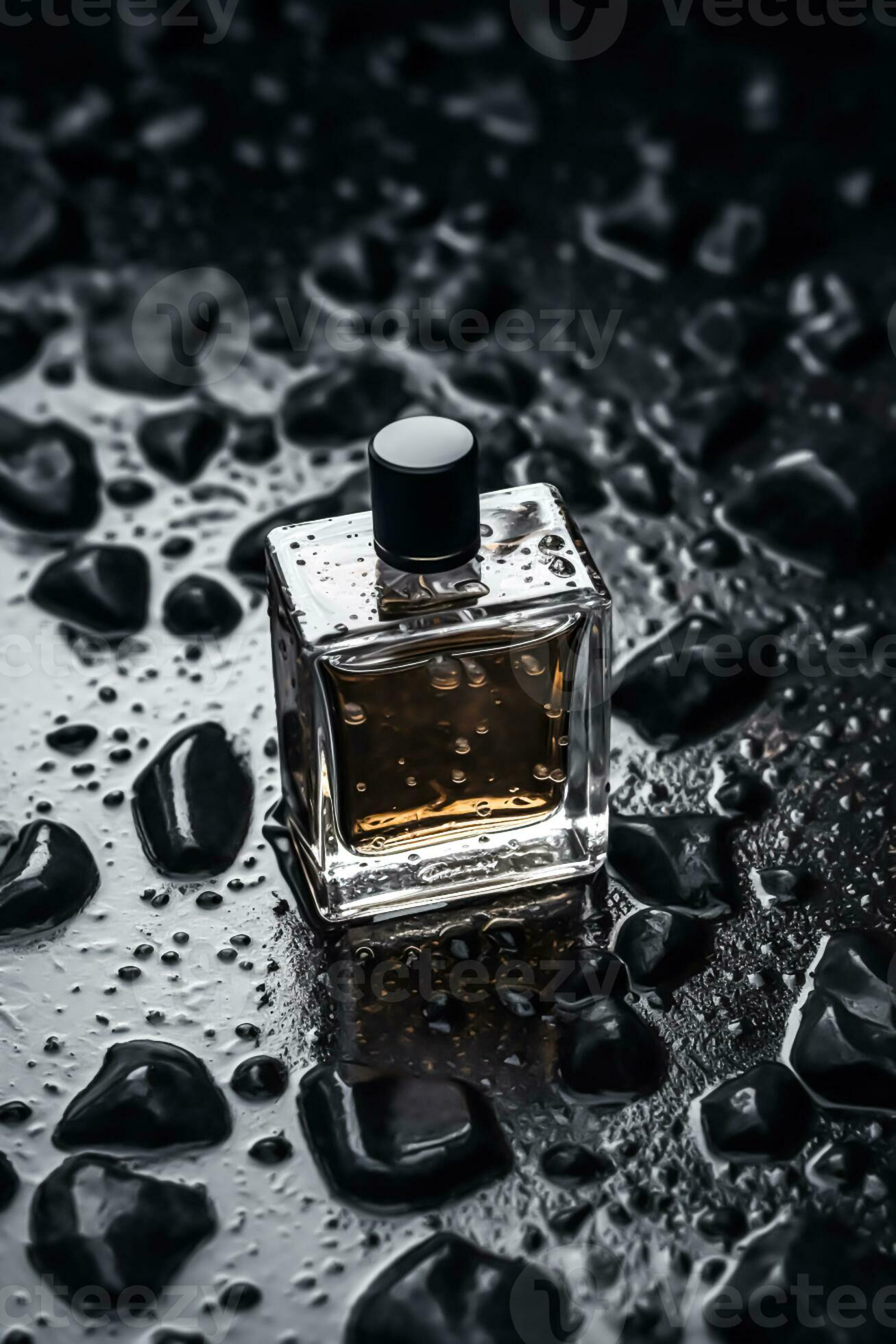modern Glas Männer Parfüm Flasche unter schwarz Felsen im das Regen, Duft  und Parfümerie, nachbearbeitet, generativ ai 29227488 Stock-Photo bei  Vecteezy