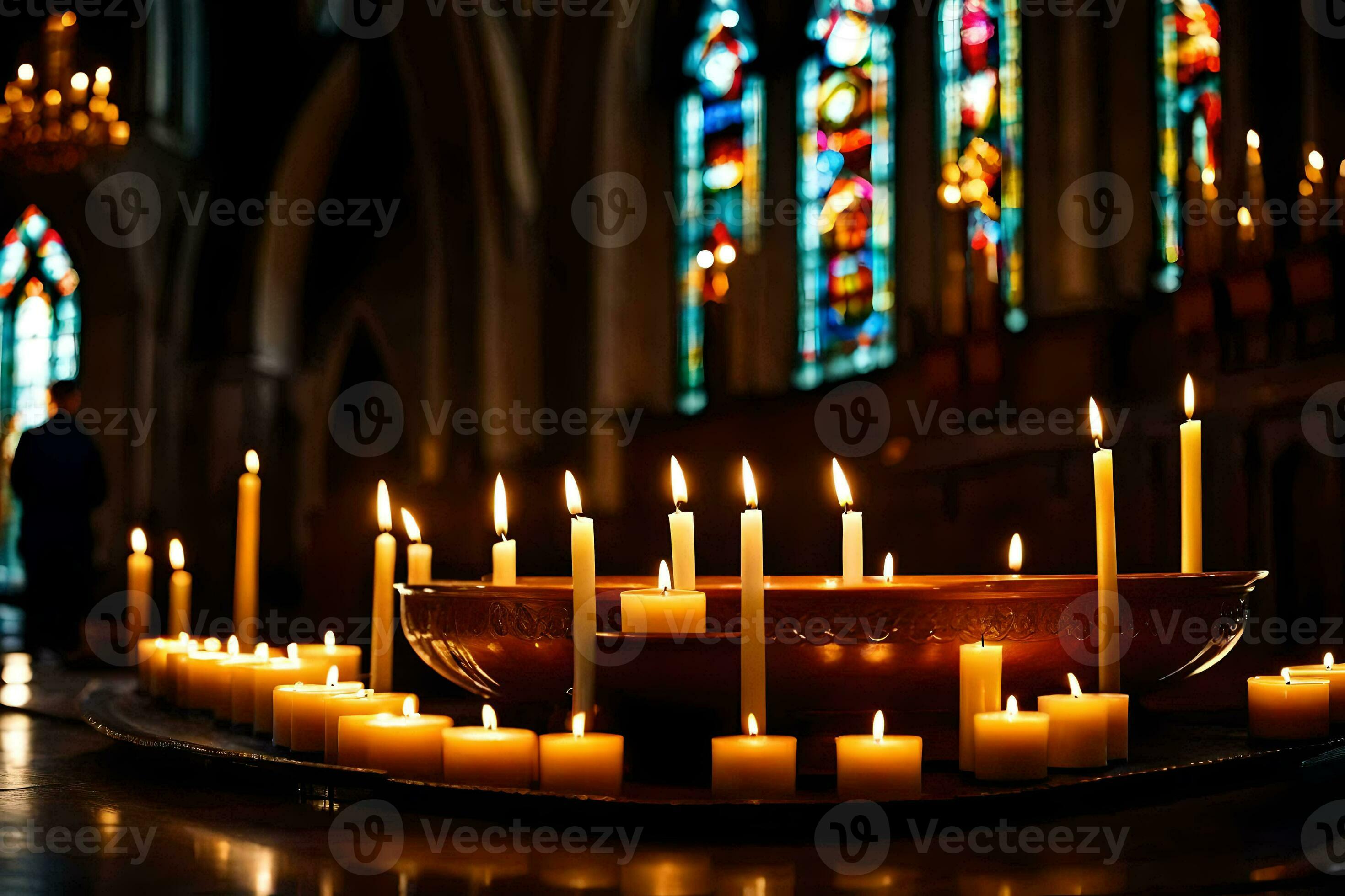 Kerzen sind zündete im Vorderseite von ein Kirche Fenster. KI-generiert  30126454 Stock-Photo bei Vecteezy