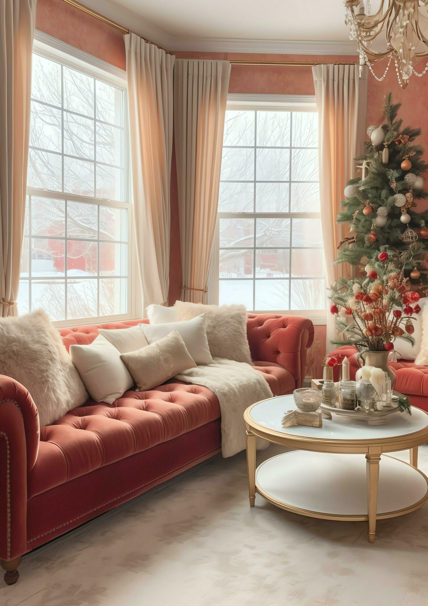 gemütlich Leben Zimmer mit schön Weihnachten Baum und rot Geschenke im  modern Innere. Innere von Leben Zimmer dekoriert zum fröhlich Weihnachten  mit Socken, Geschenk Kisten und Weihnachten Zubehör durch ai generiert  31355386