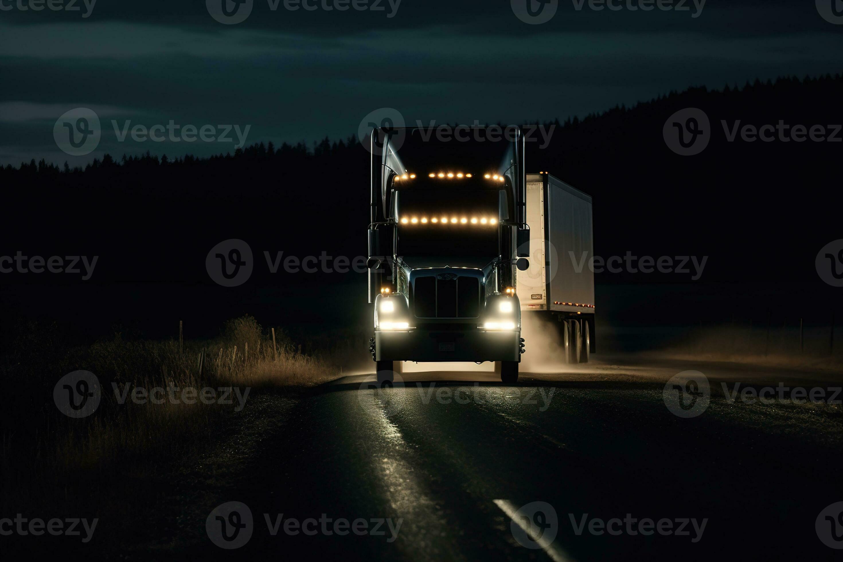 das Bild Show ein Transport LKW Fahren auf ein dunkel Straße beim