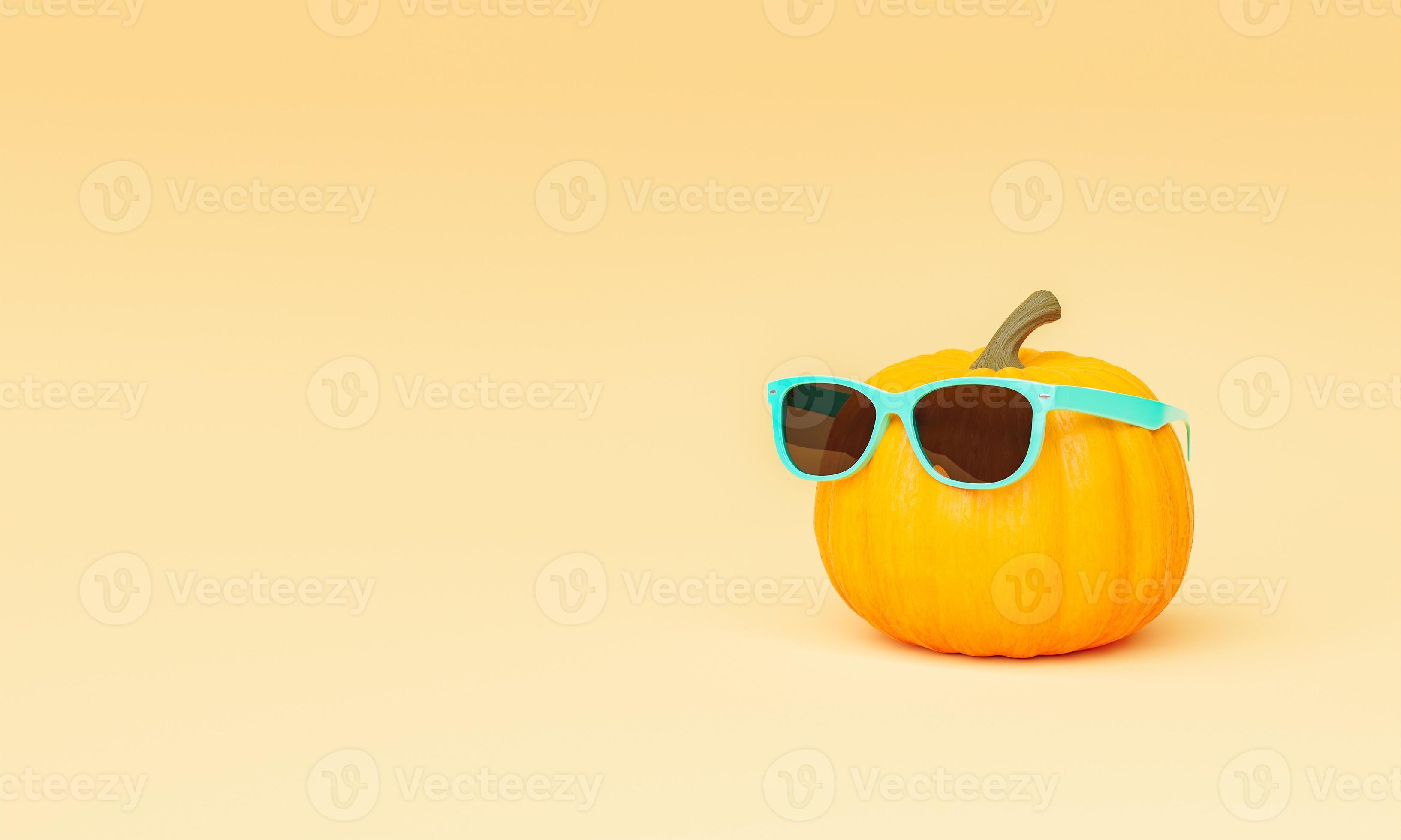 Kürbis mit türkisfarbener Sonnenbrille auf minimalistischem beigem Hintergrund foto