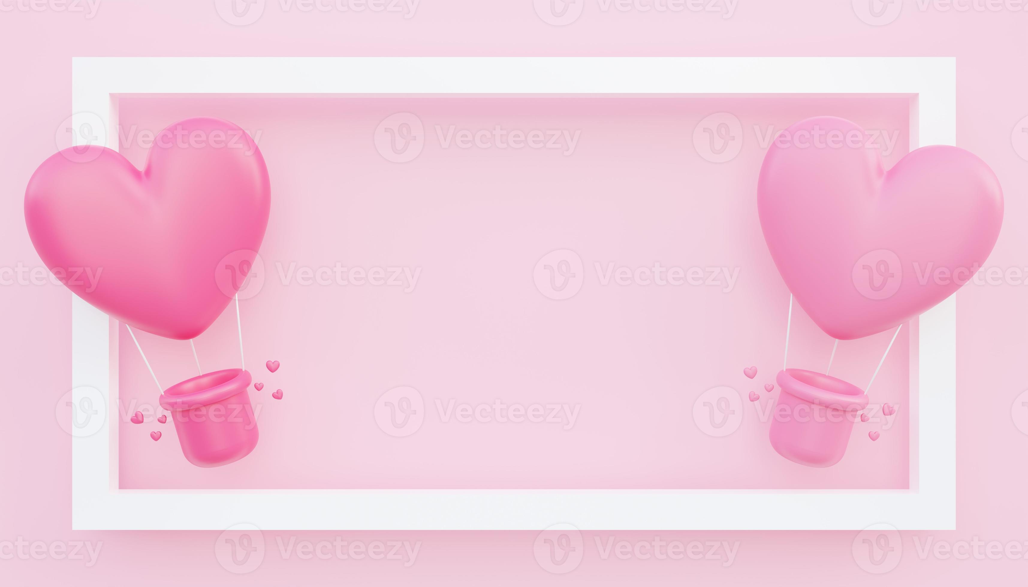Valentinstag, Liebeskonzept Hintergrund, 3D-Darstellung von rosa herzförmigen Heißluftballons, die aus dem Rahmen schweben foto