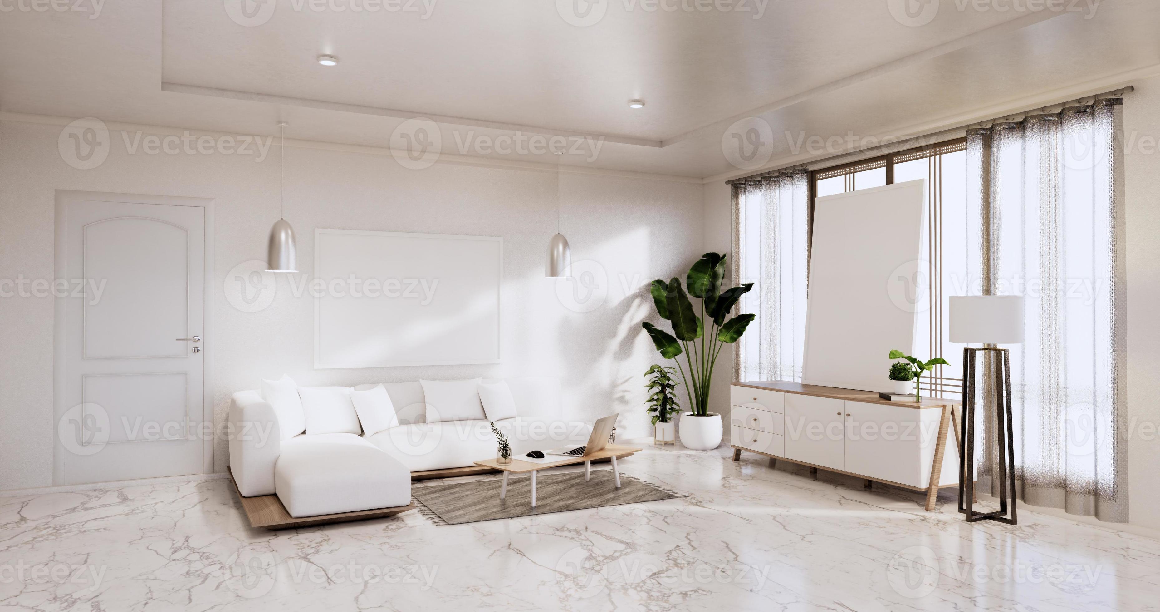 Interieur, Wohnzimmer modern minimalistisch hat Sofa und Schrank, Pflanzen, Lampe auf weißer Wand und Granitfliesenboden. 3D-Rendering foto