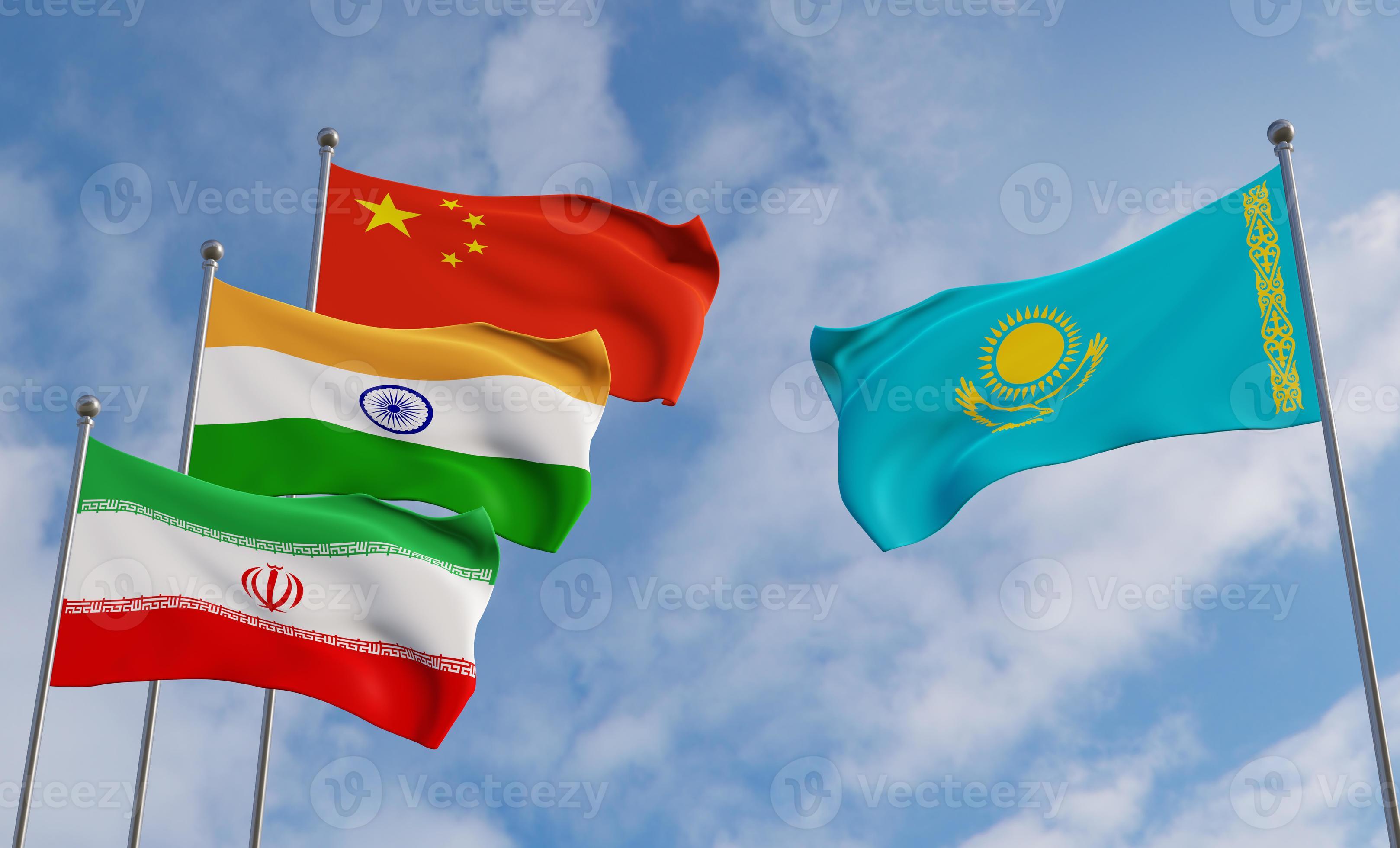 Flaggen von China, Indien, Iran und Kasachstan. Flagge des blauen Himmels  China-Flagge Indien-Flagge Iran-Flagge Kasachstan, 3D-Arbeit und 3D-Bild  9371598 Stock-Photo bei Vecteezy