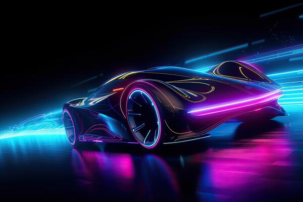futuristisch Sport Auto auf Neon- Autobahn. mächtig Beschleunigung