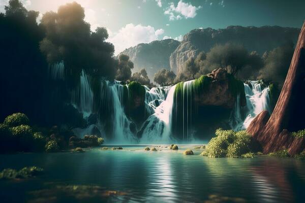 schön Landschaft mit groß Wasserfall im sonnig Sommer. neural