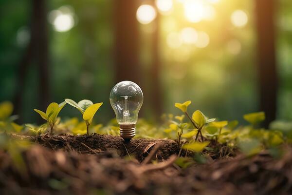 ein elektrisch Licht Birne wachsend im das Wald. das Idee von