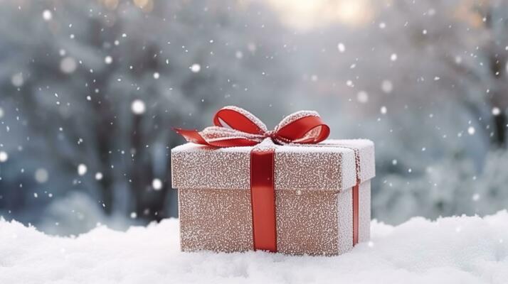 Weihnachten Urlaub Geschenk und gegenwärtig, Geschenk Box im das Schnee im  Schneefall Winter Landschaft Natur zum Boxen Tag, Ferien Einkaufen Verkauf  29227977 Stock-Photo bei Vecteezy