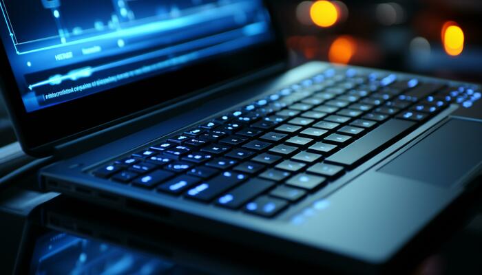 modern Laptop Tastatur beleuchtet mit Blau Licht, Arbeiten im