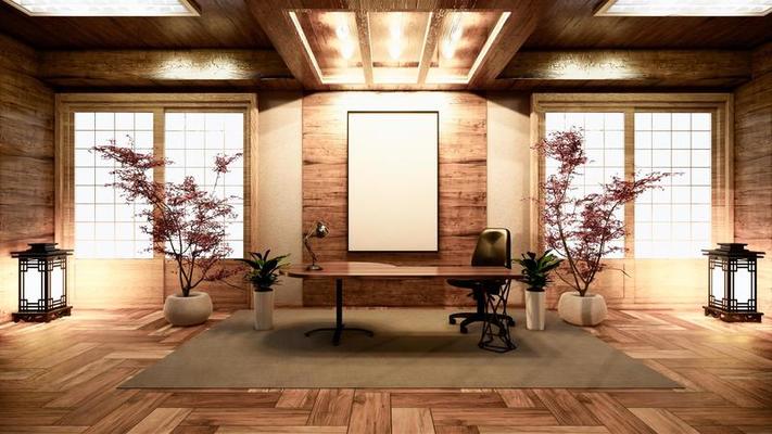 Holz-Porzellan-Konferenzraum-Interieur mit Holzboden auf weißem