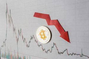 unrentable investition der abschreibung von virtuellem geld bitcoin. Roter Pfeil, Silber-Bitcoin und Euro-Banknoten fallen auf den Hintergrund des Papier-Forex-Chart-Index. konzept der abschreibung von kryptowährung. foto