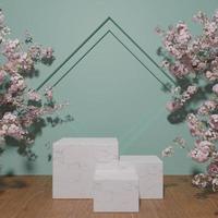 Podiumsvitrine aus weißem Marmor für Produktplatzierung mit Blüte foto