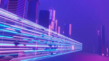 3D-Darstellung der Cyber-Nacht-Mega-City-Landschaftsszene. Licht leuchtet und reflektiert die dunkle Tech-Szene. Nachtleben. Technologienetzwerk für 5g. Jenseits der futuristischen Sci-Fi-Hauptstadt- und Bauszene. foto