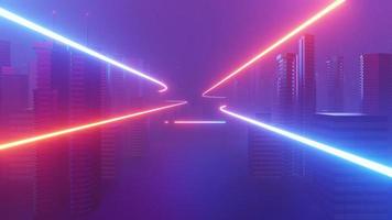 3D-Darstellung der Cyber-Nacht-Mega-City-Landschaftsszene. Licht leuchtet und reflektiert die dunkle Tech-Szene. Nachtleben. Technologienetzwerk für 5g. Jenseits der futuristischen Sci-Fi-Hauptstadt- und Bauszene. foto