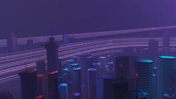 3D-Darstellung der Cyber-Nacht-Mega-City-Landschaftsszene. Licht leuchtet und reflektiert die dunkle Tech-Szene. Nachtleben. Technologienetzwerk für 5g. Jenseits der futuristischen Sci-Fi-Hauptstadt- und Bauszene. foto