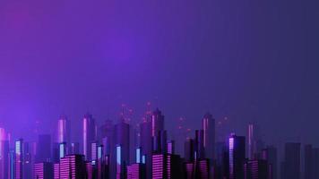 3D-Darstellung der Cyber-Nacht-Mega-City-Landschaftsszene. Licht leuchtet und reflektiert die dunkle Tech-Szene. Nachtleben. Technologienetzwerk für 5g. Jenseits der futuristischen Sci-Fi-Hauptstadt- und Bauszene. foto