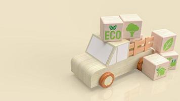 der holzlastwagen und das öko-symbol auf dem würfel für technologie oder ökologisches konzept 3d-rendering foto