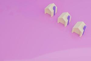 3 Wohnhäuser auf rosafarbenem Hintergrund, Hausauswahl, Wohnungsauswahl, Wohnungssuche, 3D-Darstellung mit weichem Licht foto