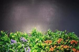 Bunt dekorierter Blumengarten mit grauem Kopierraum oben und warmem, glänzendem Punktlicht - Blumengarten-Hintergrundbild