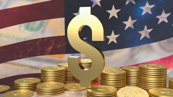 Der Golddollar und die Goldmünzen Amerika-Flaggenhintergrund für die Wiedergabe des Geschäftskonzepts 3d foto