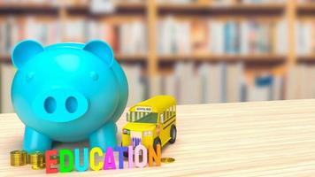 das blaue sparschwein und schulbusbild zum speichern der bildung 3d-rendering foto