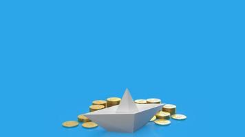 Das weiße Boot und die Goldmünzen auf blauem Hintergrund für das 3D-Rendering des Geschäftskonzepts foto