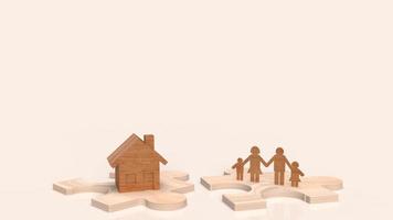 der hause holz- und familienteller auf 3d-rendering der jigsaw. foto