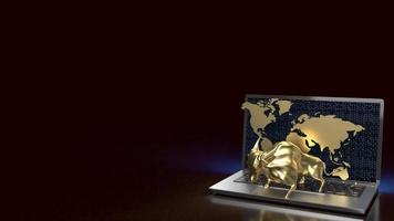 der Goldbulle auf Notebook für Business-Hintergrund 3D-Rendering foto