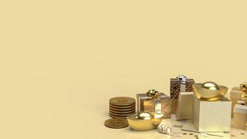 die chinesische goldgeld- und geschenkbox auf goldenem hintergrund für geschäfts- oder urlaubskonzept 3d-rendering foto