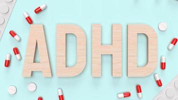 der adhd-holztext und das medikament für medizinische inhalte 3d-rendering foto