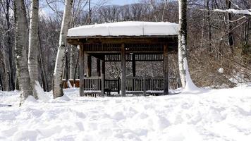 schnee- und holzpavillonlandschaft im wald noboribetsu onsen foto