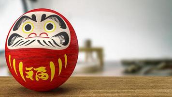 daruma japanische puppe auf holztisch 3d-rendering foto