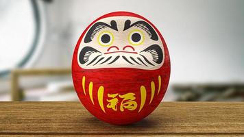 daruma japanische puppe auf holztisch 3d-rendering foto