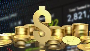 Das Gold-Gold-Dollar-Symbol und die Münzen auf dem Business-Diagramm-Hintergrund 3D-Rendering foto