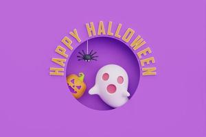 Fröhliches Halloween mit niedlichen Geister-, Spinnen- und Jack-o-Laternen-Kürbissen auf violettem Hintergrund, traditioneller Oktoberurlaub, 3D-Darstellung. foto