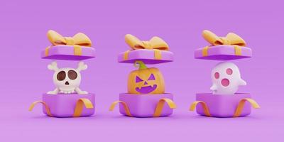 Geöffnete Geschenkboxen mit Halloween-Kürbissen, Geist, Schädel und Knochen auf violettem Hintergrund, traditioneller Oktoberurlaub, 3D-Darstellung. foto