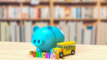 das blaue sparschwein und schulbusbild zum speichern der bildung 3d-rendering foto