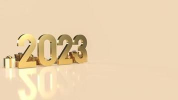 die 2023 goldnummer und geschenkbox für feierlichkeiten oder ein frohes neues jahr konzept 3d-rendering foto
