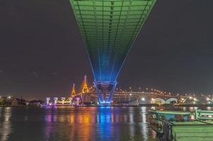 Bhumibol-Brücke, Chao-Phraya-Brücke. schalte nachts die Lichter in vielen Farben ein. foto