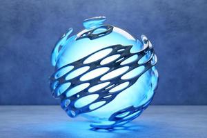 3D-Darstellung einer blauen Kugel mit vielen Gesichtern und Löchern auf blauem Hintergrund. Cyber-Ball-Sphäre foto