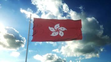 Flagge von Hongkong weht im Wind gegen den wunderschönen blauen Himmel. 3D-Darstellung foto