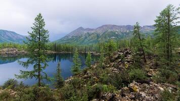 schöne Sommerlandschaft mit einem Hochgebirgssee. majestätische wilde natur in russland, östliches sayan. foto