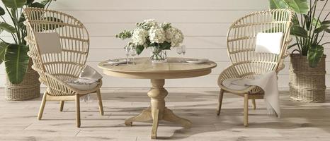 Esszimmer im Küstendesign mit Tisch und Korbmöbeln. gemütlicher wohninnenhintergrund. 3D-Darstellung im Hampton-Stil. Web-Banner.