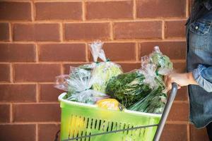 dame kauft frisches gemüse im supermarkt ein - frau im frischmarkt-lifestyle-konzept foto