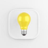Das Symbol ist eine realistische gelbe Glühbirne, ein weißer quadratischer Knopf. 3D-Rendering. foto