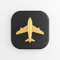 goldenes Flugzeug-Symbol. 3D-Rendering schwarze quadratische Taste, Interface ui ux Element. foto
