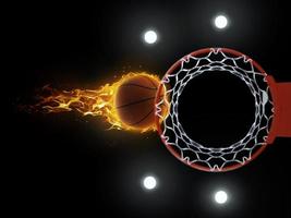 3D-Darstellung eines feurigen Basketballballs, der auf schwarzem Hintergrund zum Korb fliegt foto
